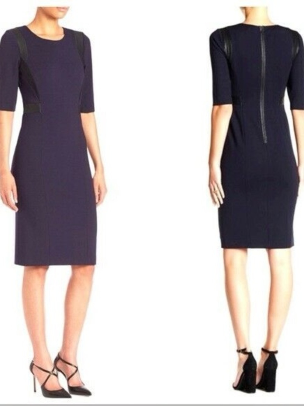Navy Sheath Dress with Faux Leather Trim